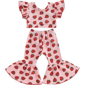 Fashion 2Pcs Toddler Baby Girl Strawberry Outfit Set Ruffle Short Sleeve Crop Top Flared Pants Summer Knit Clothes