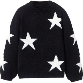 WDIRARA Girl's Star Pattern Round Neck Long Sleeve Sweater Casual Knitted Pullovers Tops