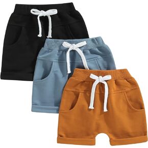 Muineobuka 3 Pack Toddler Baby Boy Summer Casual Shorts Elastic Waist Jogger Shorts Solid Color Drawstring Short Pants