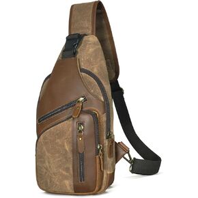 Water Resistant Canvas + Leather Hiking Travel DayPack Sling Crossbody Triangle Chest Pack Bag For Men Women FB8013 (100% Genuine Leather-8015 Brown) in Kuwait