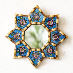 Blue Hanging Round wall mirror living room decor- Peruvian Painted glass mirror valentines day gift for women - ornate mirror on the wall