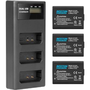 BESTON LP-E10 Battery and Charger for Canon EOS Rebel T7 T6 T5 T3 T100 1100D 1200D 1300D 2000D 4000D DSLR Camera (3-Pack)