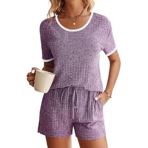 Anbech Women's Pajamas 2 Piece Lounge Sets Ribbed Matching Outfits Top and Shorts Sleepwear