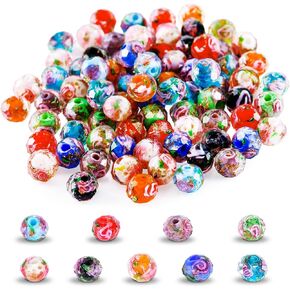 80pcs Flower Glass Beads for Jewelry/Bracelets/Crafts/Necklace Making,Gold Sand Lampwork Beads Cute Crystal Beads Sea Glass Seed Boho Beads for Rosary Crafts Handmade (10mm Mixed Color)