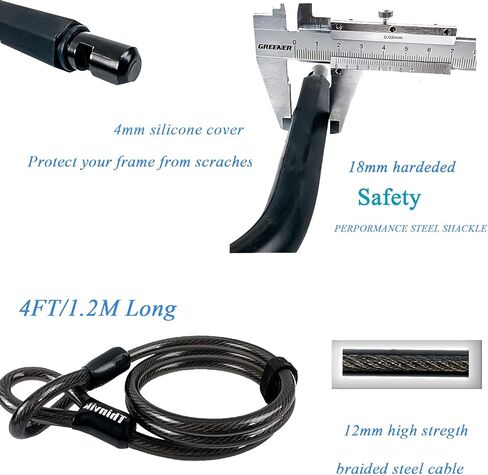 Thinvik Bike U-Locks شديدة التحمل مضادة للسرقة 12 مم × 1.2 م (48 بوصة) كابل فولاذي 18 مم تكبل. دراجة على شكل حرف U مع دعامة تثبيت أداة مضادة للسرقة للطرق والجبال الكهربائية والدراجة القابلة للطي - تكبل 18 مم in Kuwait