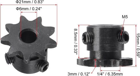 uxcell #25 Chain Roller Sprocket, 6mm Bore 1/4" Pitch 9 Tooth Single Strand Chain Sprocket, C45 Carbon Steel 25 Roller Chain Sprocket with Set Screws for ISO 04C Chain, 2Pcs in Saudi Arabia