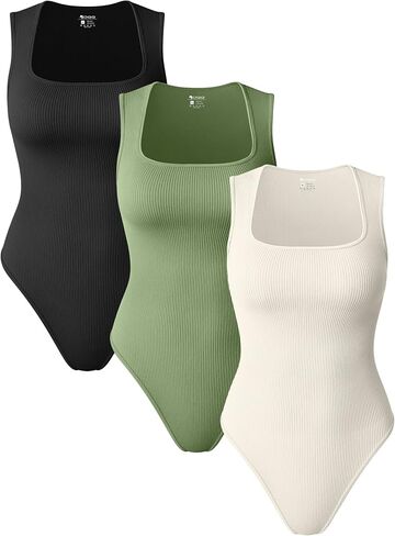 OQQ Women 3 Piece Bodysuits Sleeveless Square Stretch Basic Tank Tops Bodysuits in Saudi Arabia