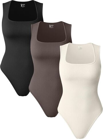 OQQ Women 3 Piece Bodysuits Sleeveless Square Stretch Basic Tank Tops Bodysuits in Saudi Arabia