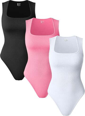 OQQ Women 3 Piece Bodysuits Sleeveless Square Stretch Basic Tank Tops Bodysuits in Saudi Arabia