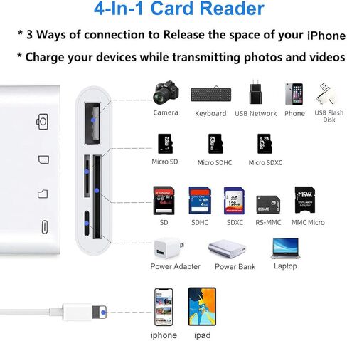 قارئ بطاقة SD، محول بطاقة SD/TF 4 في 1 USB 3.0 أنثى OTG متوافق مع iPhone iPad iPod، كاميرا ألعاب Trail قارئ بطاقة SD التوصيل والتشغيل in Kuwait