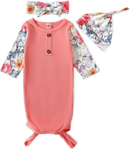 Kislio Newborn Baby Girls Boy Knotted Gown Floral Nightgown Sleeper Gown Swaddle Headband Hat Coming Home Outfit Set in Kuwait