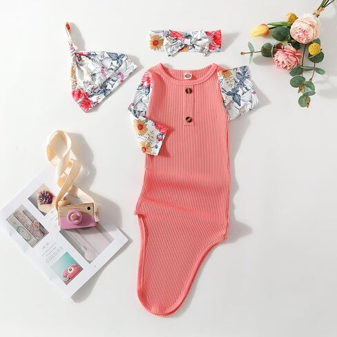 Kislio Newborn Baby Girls Boy Knotted Gown Floral Nightgown Sleeper Gown Swaddle Headband Hat Coming Home Outfit Set in Kuwait