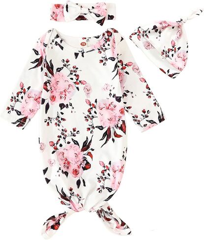 Kislio Newborn Baby Girls Boy Knotted Gown Floral Nightgown Sleeper Gown Swaddle Headband Hat Coming Home Outfit Set in Kuwait