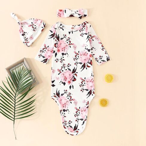 Kislio Newborn Baby Girls Boy Knotted Gown Floral Nightgown Sleeper Gown Swaddle Headband Hat Coming Home Outfit Set in Kuwait