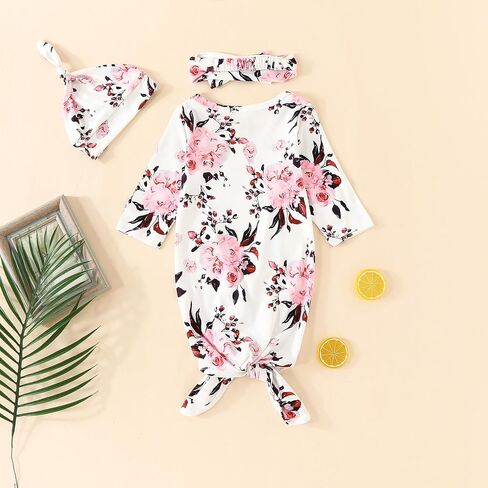 Kislio Newborn Baby Girls Boy Knotted Gown Floral Nightgown Sleeper Gown Swaddle Headband Hat Coming Home Outfit Set in Kuwait