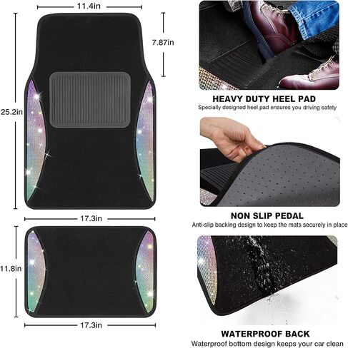 سجادات أرضية السيارة من أحجار الراين اللامعة من PIC AUTO، سجادات أمامية وخلفية لامعة من الكريستال اللامع مع وسادة كعب من ألياف الكربون السوداء - مناسبة عالميًا لسيارات الدفع الرباعي وسيارات السيدان والشاحنات (ذهبية 4 قطع) in Kuwait