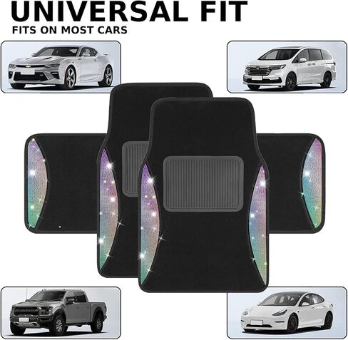 سجادات أرضية السيارة من أحجار الراين اللامعة من PIC AUTO، سجادات أمامية وخلفية لامعة من الكريستال اللامع مع وسادة كعب من ألياف الكربون السوداء - مناسبة عالميًا لسيارات الدفع الرباعي وسيارات السيدان والشاحنات (ذهبية 4 قطع) in Kuwait