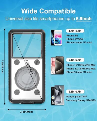 حافظة هاتف مقاومة للماء للغوص، حافظة هاتف تحت الماء مقاس 6.9 بوصة للغطس، حافظة عالمية ذاتية الفحص مقاومة للماء لهاتف آيفون 15 14 13 12 برو ماكس سامسونج S24 S23 S22 جوجل إل جي موتورولا أسود in Kuwait