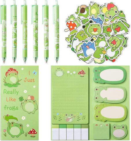57Pcs Frog Sticky Notes with Pen Stickers Stationary Set 0.5mm Black Gel Ballpoint Pens Frog Self-Stick Notes Pads Cartoon Frog Shaped Vinyl Stickers School Office Supplies Party Favor Gift in Saudi Arabia