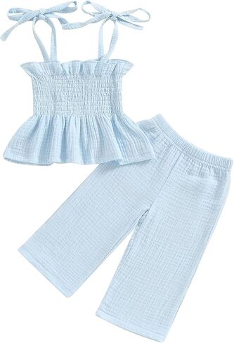 Toddler Baby Girl Summer 2Pcs Outfit Set Sleeveless Ruffle Crop Top with Cotton Linen Pants Solid Color Clothes in Kuwait
