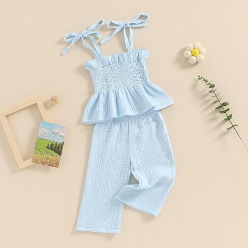 Toddler Baby Girl Summer 2Pcs Outfit Set Sleeveless Ruffle Crop Top with Cotton Linen Pants Solid Color Clothes in Kuwait