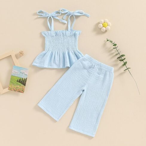 Toddler Baby Girl Summer 2Pcs Outfit Set Sleeveless Ruffle Crop Top with Cotton Linen Pants Solid Color Clothes in Kuwait