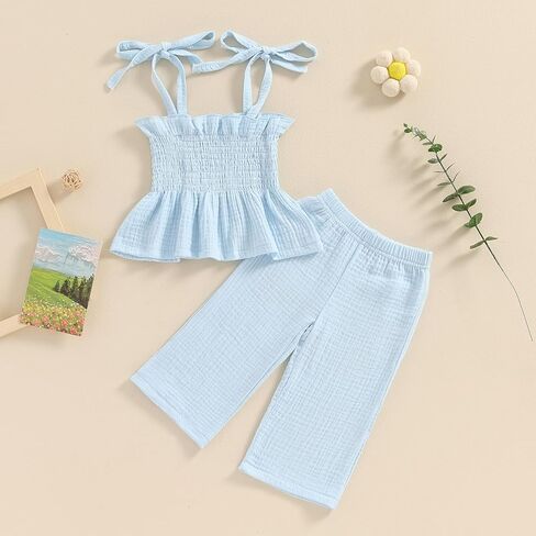 Toddler Baby Girl Summer 2Pcs Outfit Set Sleeveless Ruffle Crop Top with Cotton Linen Pants Solid Color Clothes in Kuwait