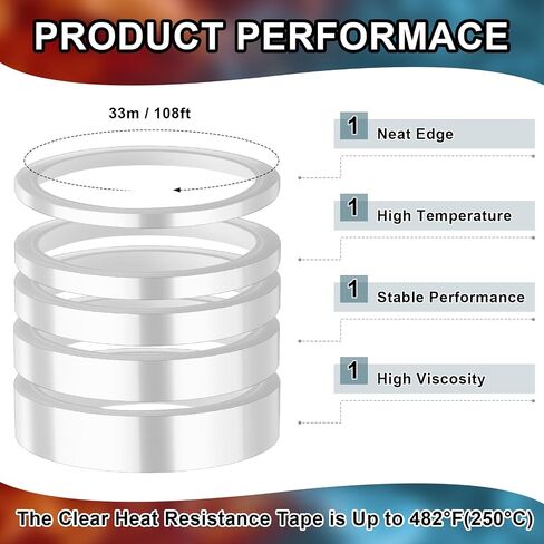 5 Rolls 2/3/ 6/12/ 20mm x 33m 108ft Clear Heat Transfer Tape Multi Sized Transparent High Temperature Heat Resistant Tape Thermal Tape for Heat Press and Sublimation, No Residue in Saudi Arabia