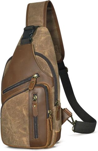 Water Resistant Canvas + Leather Hiking Travel DayPack Sling Crossbody Triangle Chest Pack Bag For Men Women FB8013 (100% Genuine Leather-8015 Brown) in Kuwait