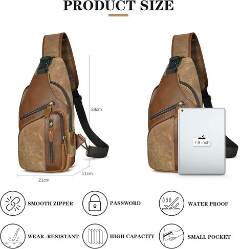 Water Resistant Canvas + Leather Hiking Travel DayPack Sling Crossbody Triangle Chest Pack Bag For Men Women FB8013 (100% Genuine Leather-8015 Brown) in Kuwait