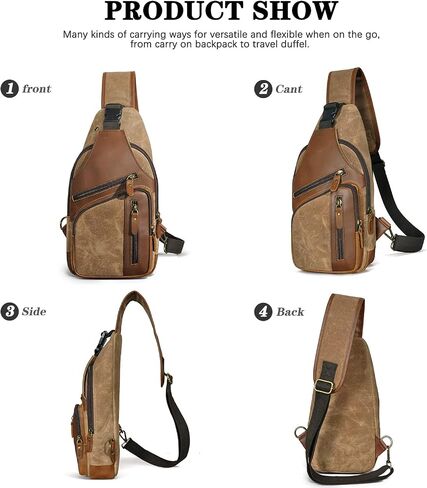 Water Resistant Canvas + Leather Hiking Travel DayPack Sling Crossbody Triangle Chest Pack Bag For Men Women FB8013 (100% Genuine Leather-8015 Brown) in Kuwait