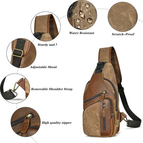 Water Resistant Canvas + Leather Hiking Travel DayPack Sling Crossbody Triangle Chest Pack Bag For Men Women FB8013 (100% Genuine Leather-8015 Brown) in Kuwait