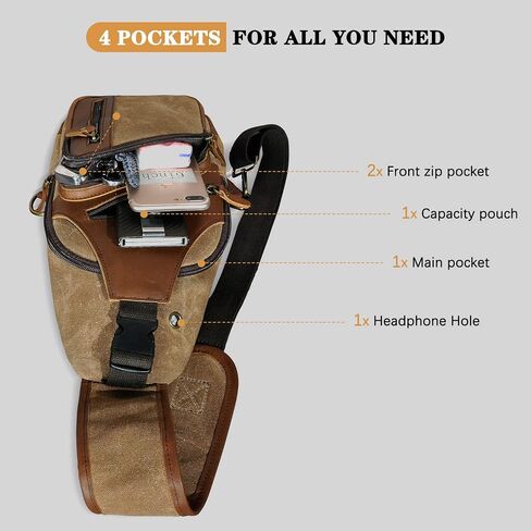 Water Resistant Canvas + Leather Hiking Travel DayPack Sling Crossbody Triangle Chest Pack Bag For Men Women FB8013 (100% Genuine Leather-8015 Brown) in Kuwait