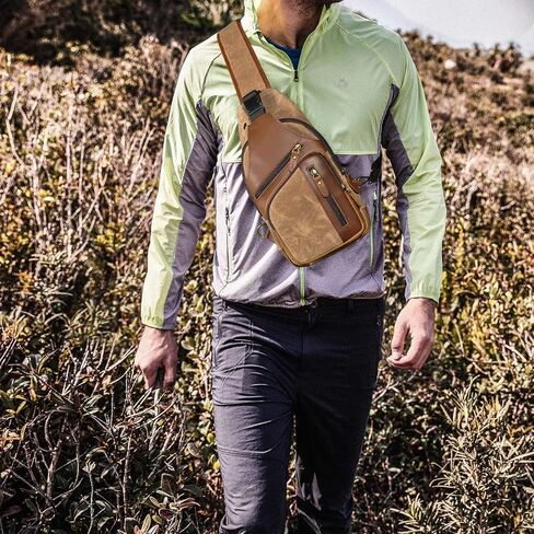 Water Resistant Canvas + Leather Hiking Travel DayPack Sling Crossbody Triangle Chest Pack Bag For Men Women FB8013 (100% Genuine Leather-8015 Brown) in Kuwait