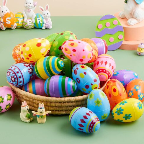 JOYIN 30 Pcs 3.15Inch Printed Plastic Eggs, Colorful Plastic Easter Eggs, Fillable Empty Eggs Bulks for Easter Egg Hunt Event, Easter Basket Stuffers, Egg Toddler Gift in Saudi Arabia