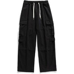 Men's Cotton Cargo Pants Mulit Pockets Drawstring Waisted Loose Straight Trousers in Saudi Arabia
