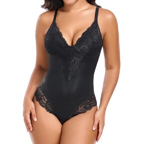 TROPICA LOVE Womens Tummy Control Shapewear Bodysuit Built-in Bra V-Neck Waist Sculpting Shaper Satin Lace Thong in Saudi Arabia