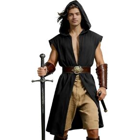 Medieval Costume Men Viking Hooded Sleeveless Surcoat, Mens Renaissance Costume Cloak for Halloween Assassin Cosplay in Saudi Arabia