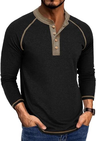 Mens Henley Shirts Long Sleeve Casual Classic Button T-Shirt Lightweight Stylish Pullover Tees Top in Saudi Arabia