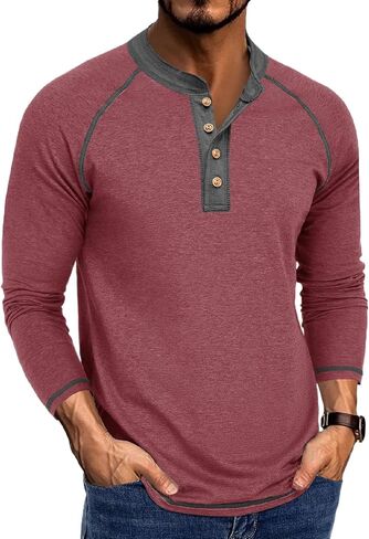 Mens Henley Shirts Long Sleeve Casual Classic Button T-Shirt Lightweight Stylish Pullover Tees Top in Saudi Arabia