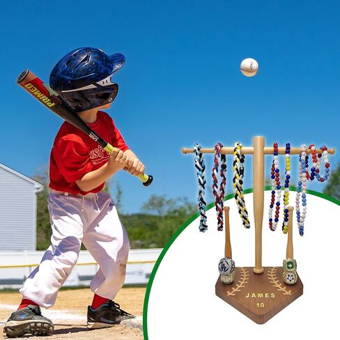 Baseball Drip Necklace Organizer and Ring Holder Softball Championship Ring Display Stand Baseball Bat Jewelry Organizer with DIY Name Stickers Baseball Lifestyle Gift for Fans in Saudi Arabia