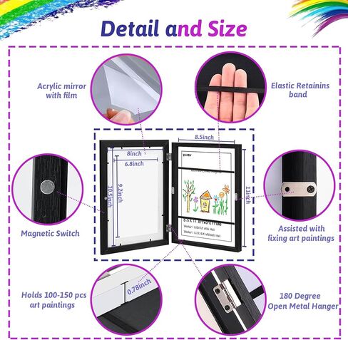 Kids Artwork Frames Changeable, Front Opening Kids Art Frames Changeable Display 8.5x11 Frame Holds 100 Art Work For Children 3D Drawing Crafts Hanging Artwork, 2 Pack With Diy Sticker, Black in Saudi Arabia