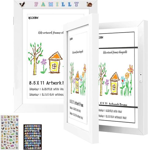 Kids Artwork Frames Changeable, Front Opening Kids Art Frames Changeable Display 8.5x11 Frame Holds 100 Art Work For Children 3D Drawing Crafts Hanging Artwork, 2 Pack With Diy Sticker, Black in Saudi Arabia