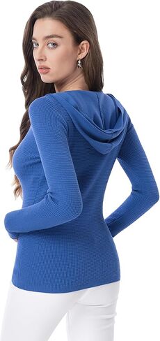 AmélieBoutik Women Slim Fit Waffle Knit Long Sleeve Lightweight Hoodies V Neck Casual Basic Hooded Sweater in Kuwait