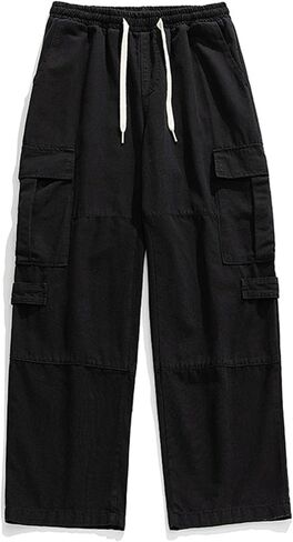 Men's Cotton Cargo Pants Mulit Pockets Drawstring Waisted Loose Straight Trousers in Saudi Arabia