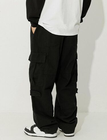 Men's Cotton Cargo Pants Mulit Pockets Drawstring Waisted Loose Straight Trousers in Saudi Arabia