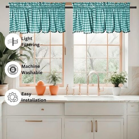 2 Panels Curtain Valances for Kitchen Windows, Bathroom, Living Rooms - Rod Pocket Short Curtain Topper Window Treatment - Farmhouse Rustic Window Valances (2 Pack, W60 x L14, Aqua) in Saudi Arabia