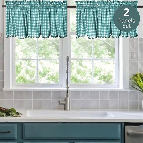2 Panels Curtain Valances for Kitchen Windows, Bathroom, Living Rooms - Rod Pocket Short Curtain Topper Window Treatment - Farmhouse Rustic Window Valances (2 Pack, W60 x L14, Aqua) in Saudi Arabia