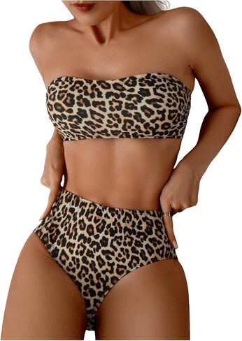 GORGLITTER Women's Leopard Bikini Strapless Bandeau Swimwear High Waist Bathing Suit in Saudi Arabia