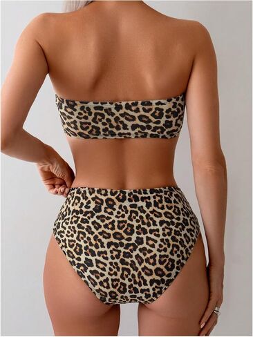 GORGLITTER Women's Leopard Bikini Strapless Bandeau Swimwear High Waist Bathing Suit in Saudi Arabia